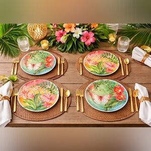 (4) Tommy Bahama Floral Tropical Butterfly Hibiscus Melamine Dinner Plates